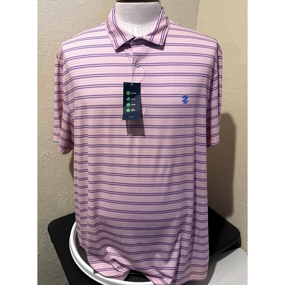 IZOD‎ Golf Polo Shirt Mens XXL Pink Clubhouse Stripe UPF-50 Moisture Wicking NEW